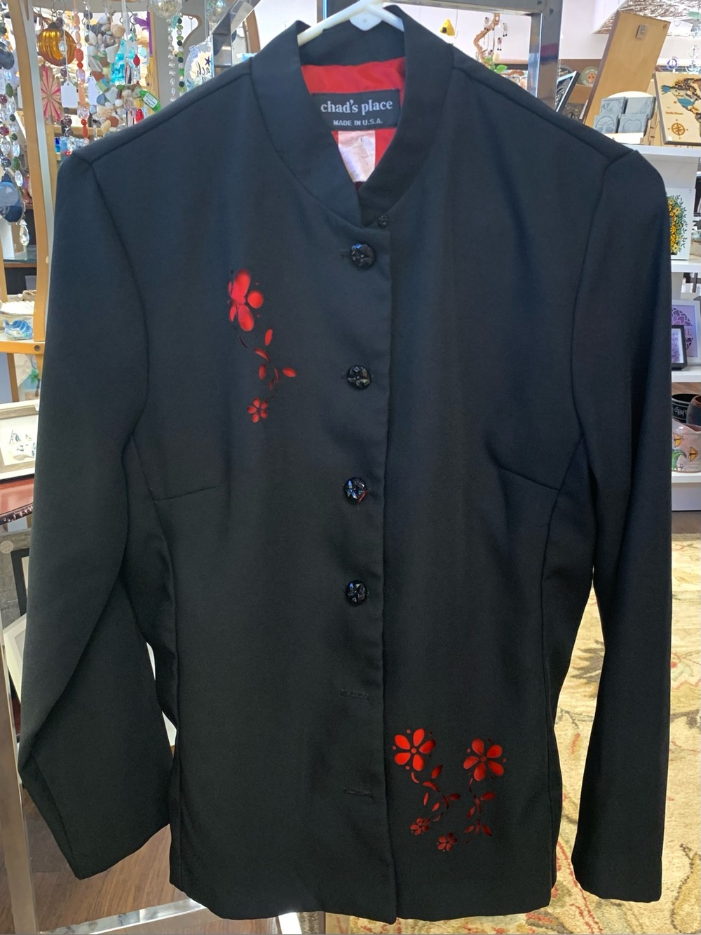 Chad's Place Women's Black Jacket with Red Floral Accents